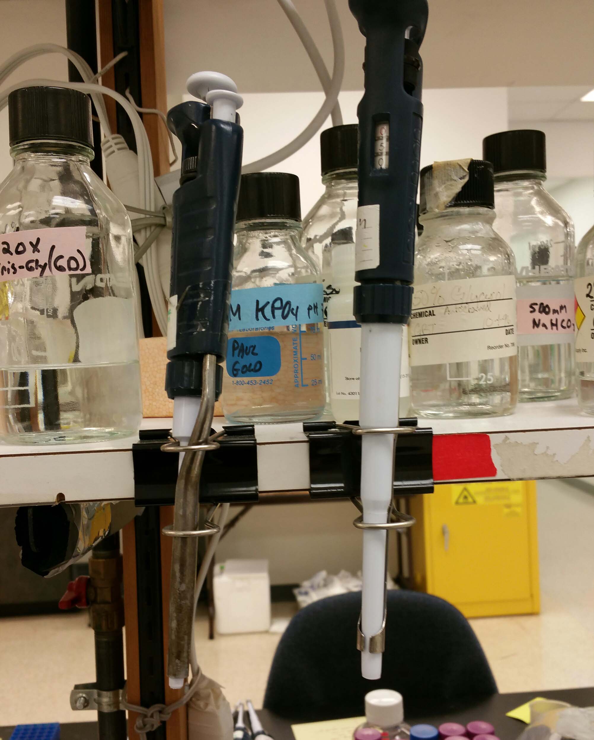 25 Real Lab Hacks from Researchers Like You- User Binder Clips to mount your pipettes to your lab bench or shelves
