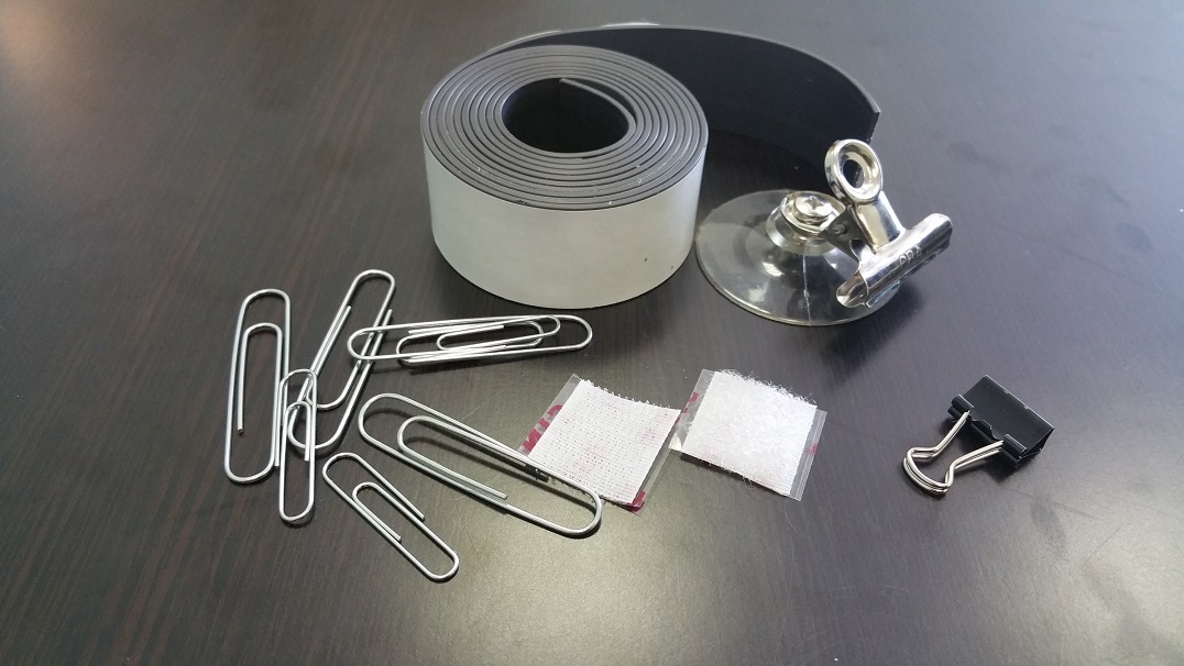Magnets, binder clips, paper clips, Velcro, lab tape and more